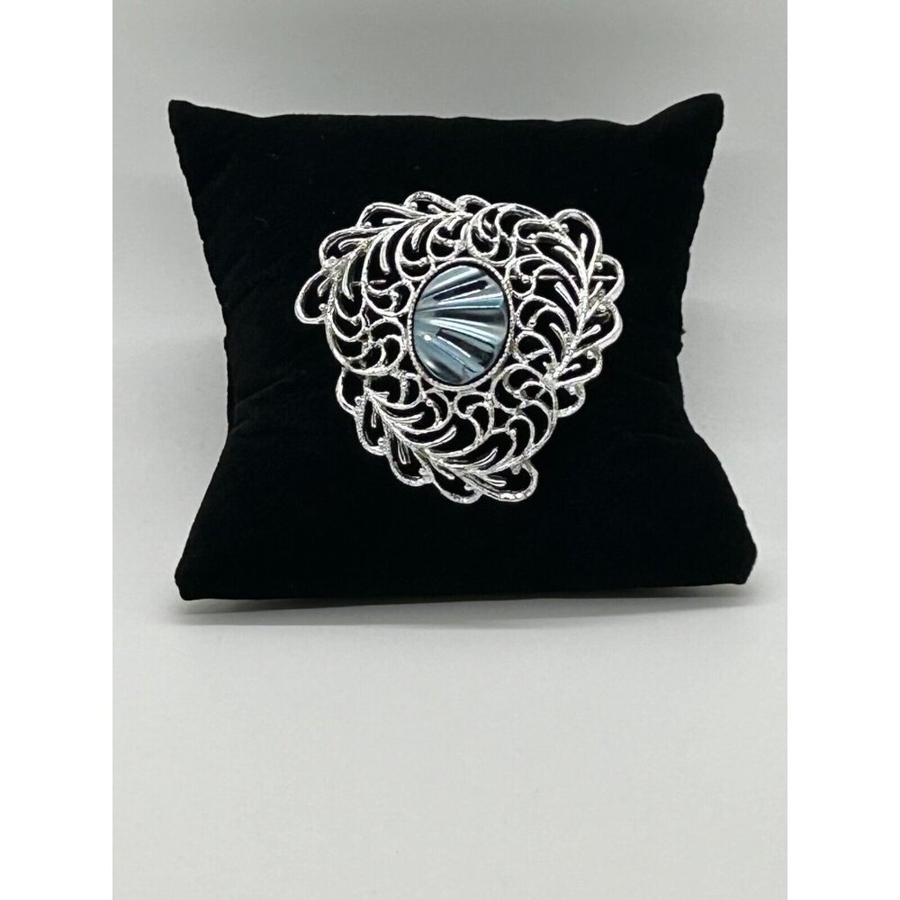 Vintage Sarah Coventry Brooch Royal Plumage Silver Tone Blue Cabochon Filigree